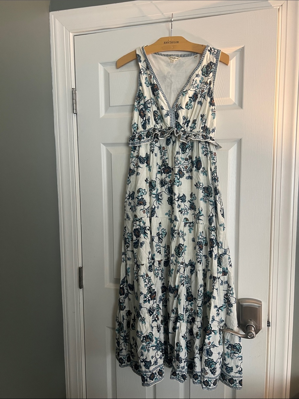 Max Studio White Maxi Dress with Teal & Navy Floral